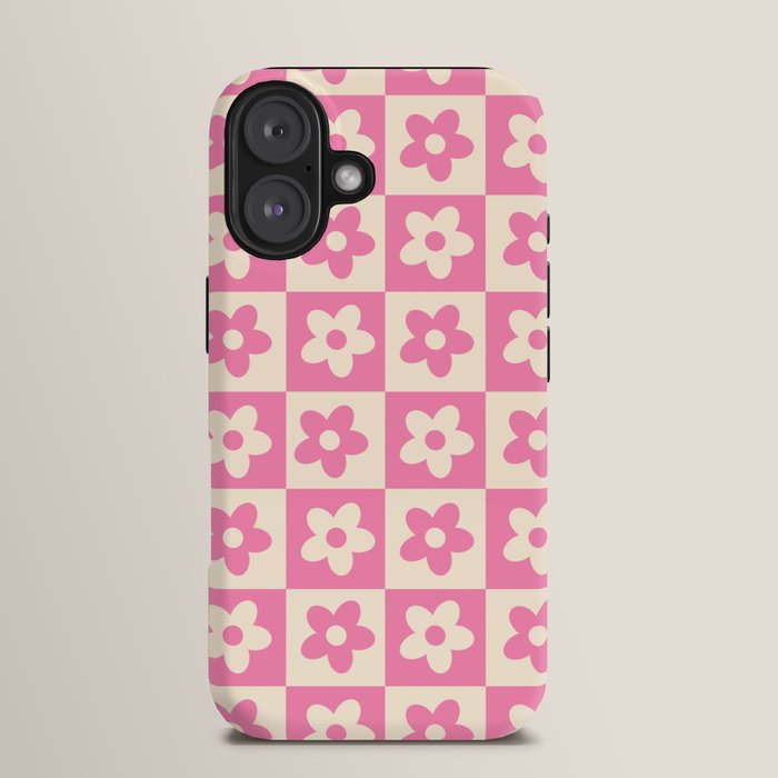 90s checkers flowers cream and pink iPhone Case