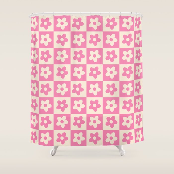 90s checkers flowers cream and pink Shower Curtain