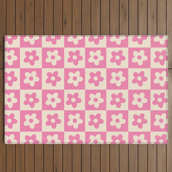90s checkers flowers cream and pink Outdoor Rug