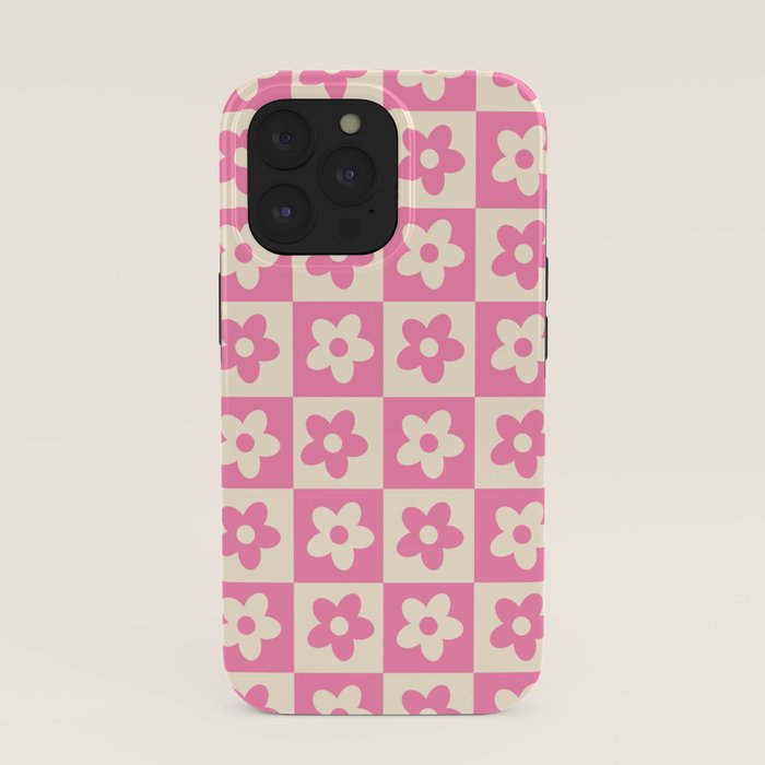90s checkers flowers cream and pink iPhone Case