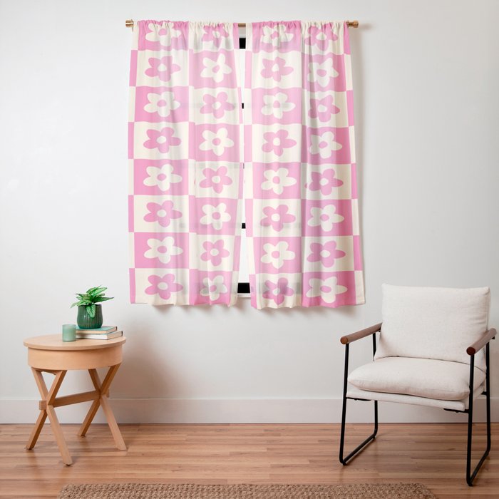 90s checkers flowers cream and pink Window Curtain