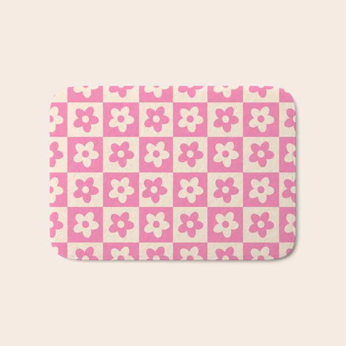 90s checkers flowers cream and pink Bath Mat
