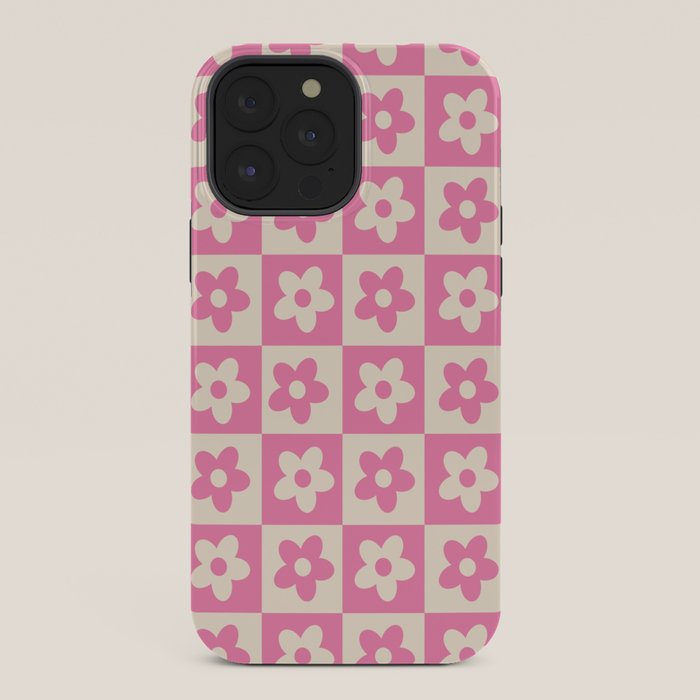 90s checkers flowers cream and pink iPhone Case