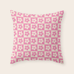 90s checkers flowers cream and pink Throw Pillow