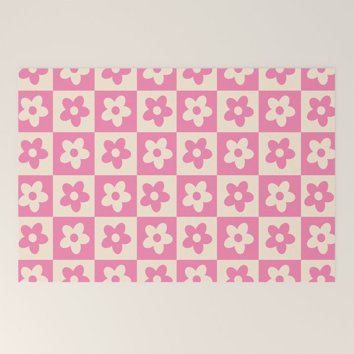 90s checkers flowers cream and pink Welcome Mat