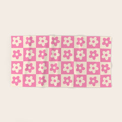 90s checkers flowers cream and pink Bath Towel