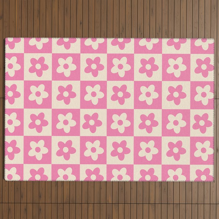 90s checkers flowers cream and pink Outdoor Rug