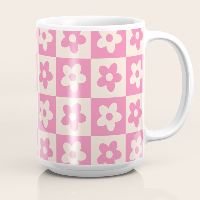 90s checkers flowers cream and pink Coffee Mug