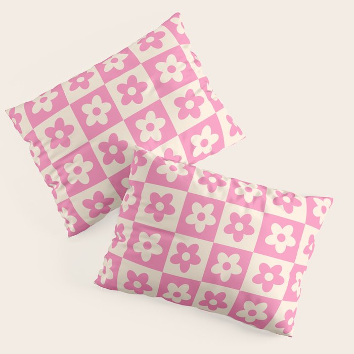 90s checkers flowers cream and pink Pillow Sham