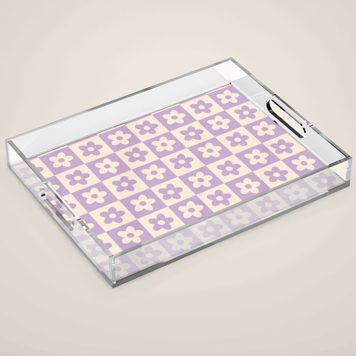 90s flowers checkers cream and lilac Acrylic Tray