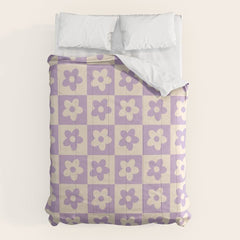 90s flowers checkers cream and lilac Comforter