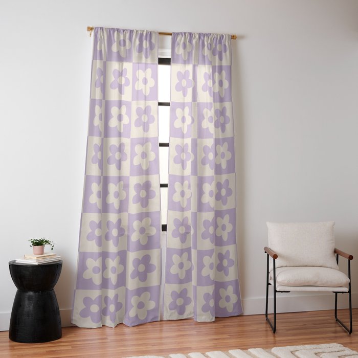 90s flowers checkers cream and lilac Window Curtain