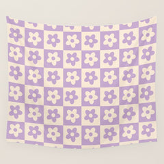 90s flowers checkers cream and lilac Wall Tapestry