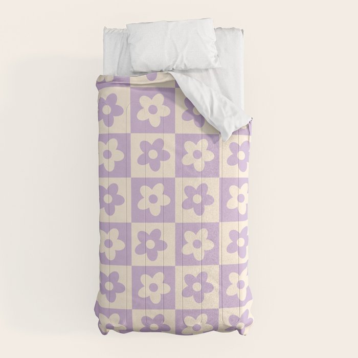 90s flowers checkers cream and lilac Comforter