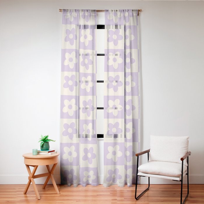 90s flowers checkers cream and lilac Window Curtain