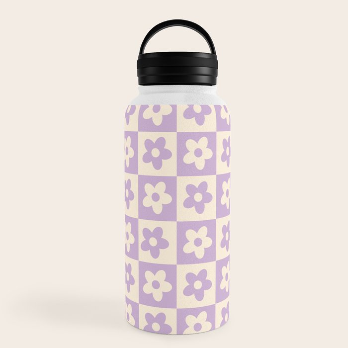 90s flowers checkers cream and lilac Water Bottle