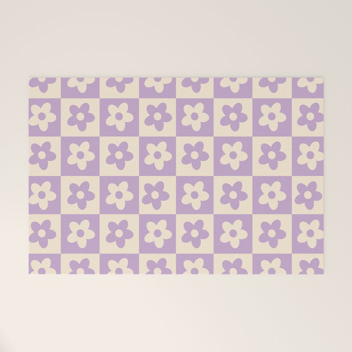 90s flowers checkers cream and lilac Welcome Mat