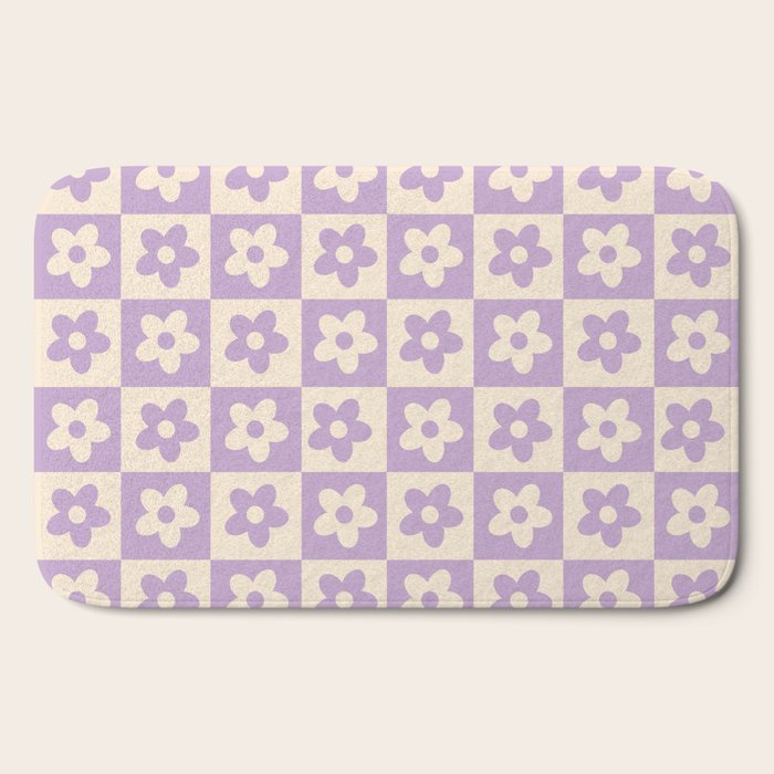 90s flowers checkers cream and lilac Bath Mat