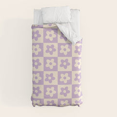 90s flowers checkers cream and lilac Duvet Cover