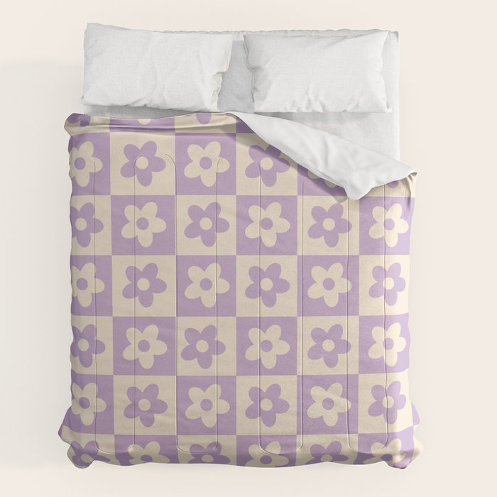 90s flowers checkers cream and lilac Comforter