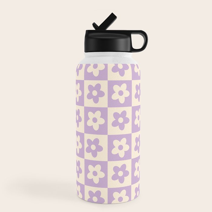 90s flowers checkers cream and lilac Water Bottle