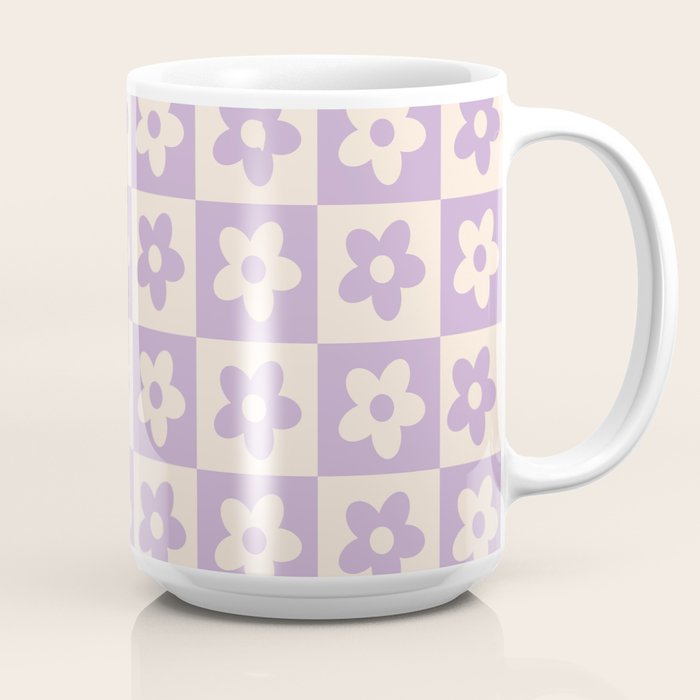 90s flowers checkers cream and lilac Coffee Mug