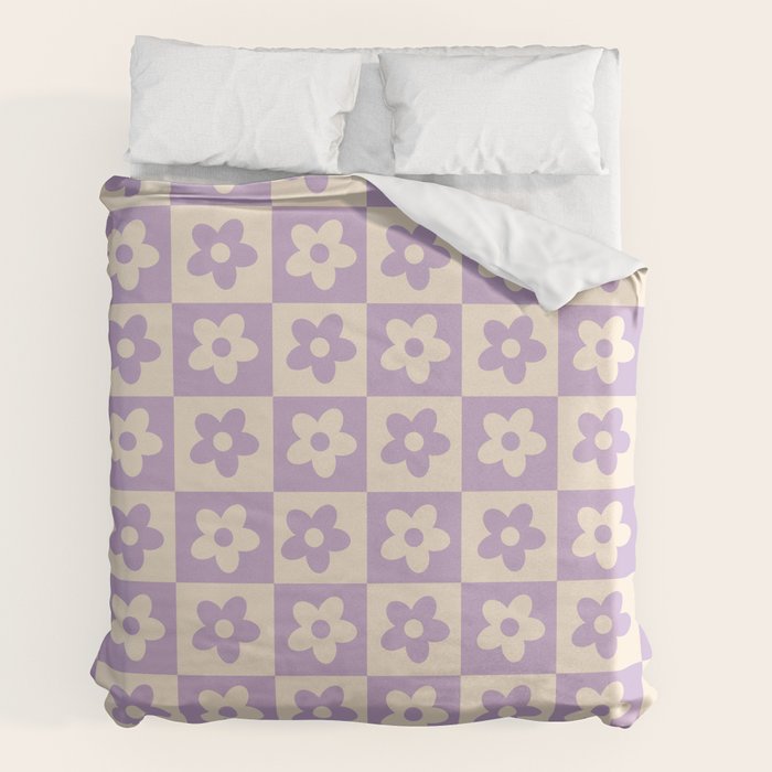90s flowers checkers cream and lilac Duvet Cover