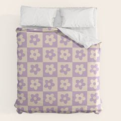 90s flowers checkers cream and lilac Duvet Cover