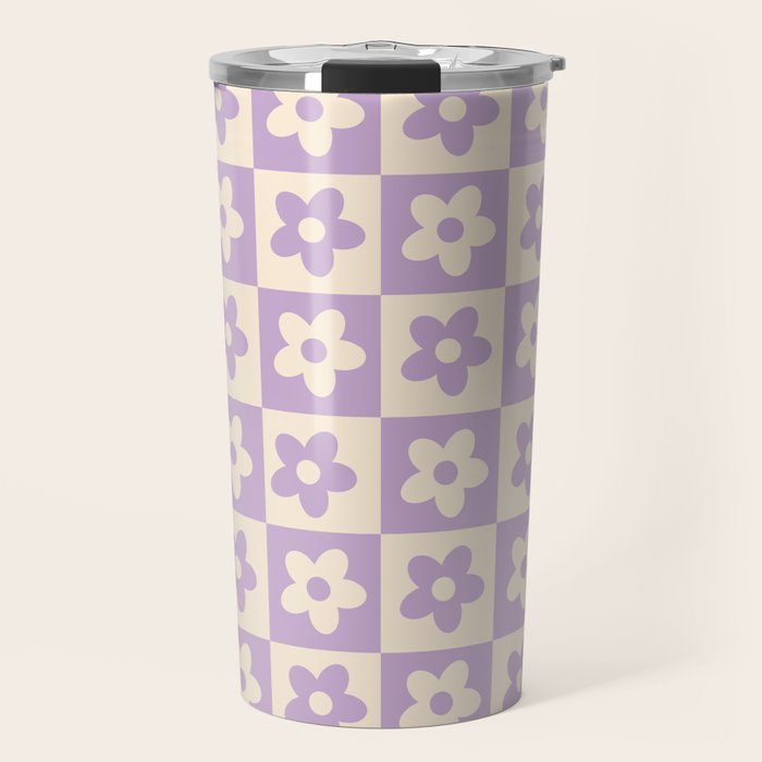 90s flowers checkers cream and lilac Travel Mug