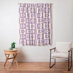 90s flowers checkers cream and lilac Window Curtain
