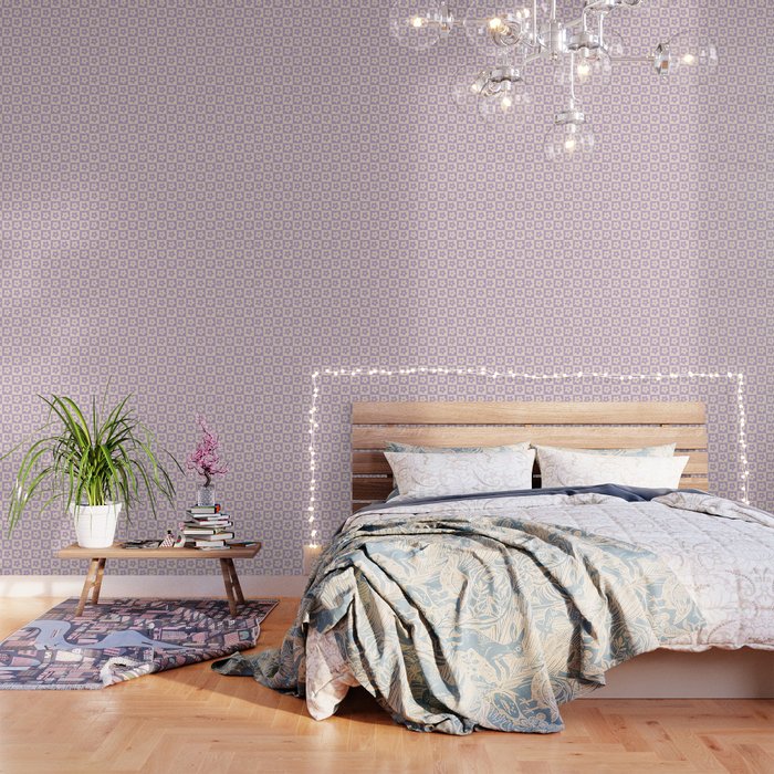 90s flowers checkers cream and lilac Wallpaper
