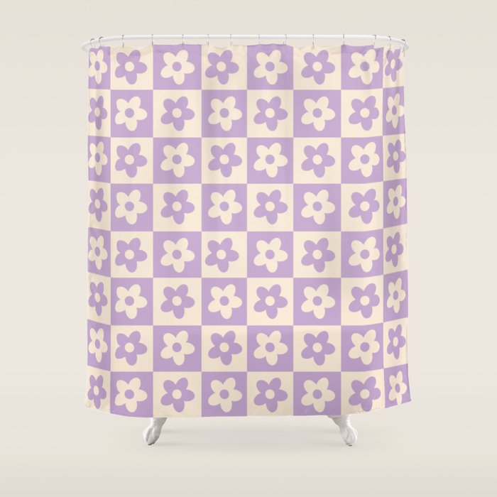 90s flowers checkers cream and lilac Shower Curtain
