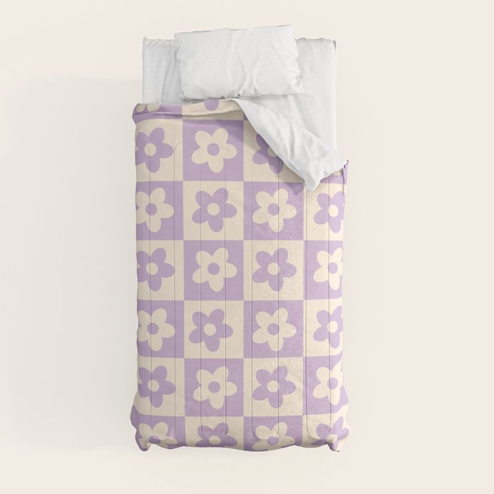 90s flowers checkers cream and lilac Comforter