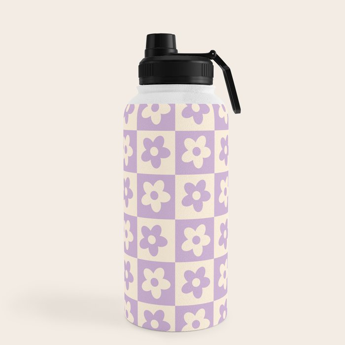 90s flowers checkers cream and lilac Water Bottle
