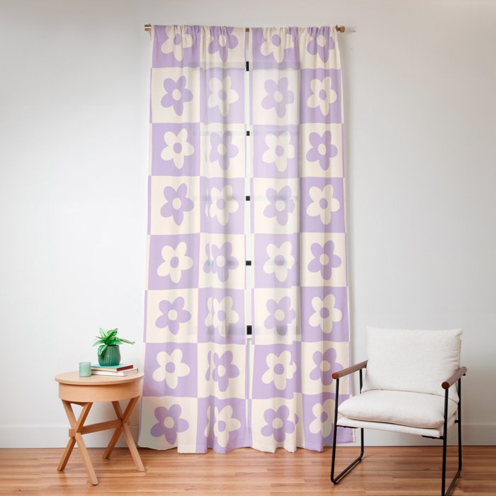 90s flowers checkers cream and lilac Window Curtain