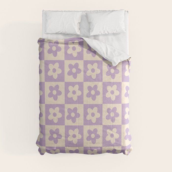 90s flowers checkers cream and lilac Comforter