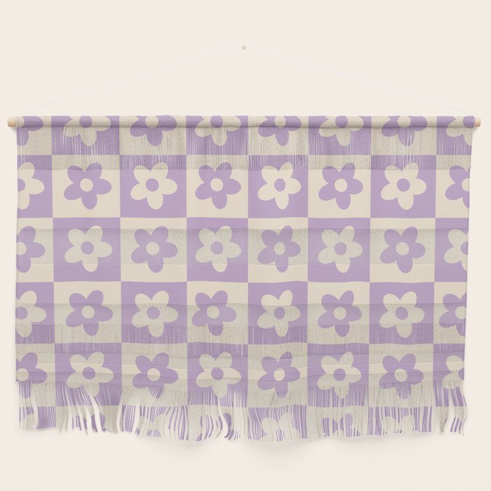 90s flowers checkers cream and lilac Wall Hanging