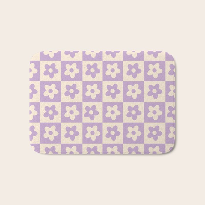 90s flowers checkers cream and lilac Bath Mat