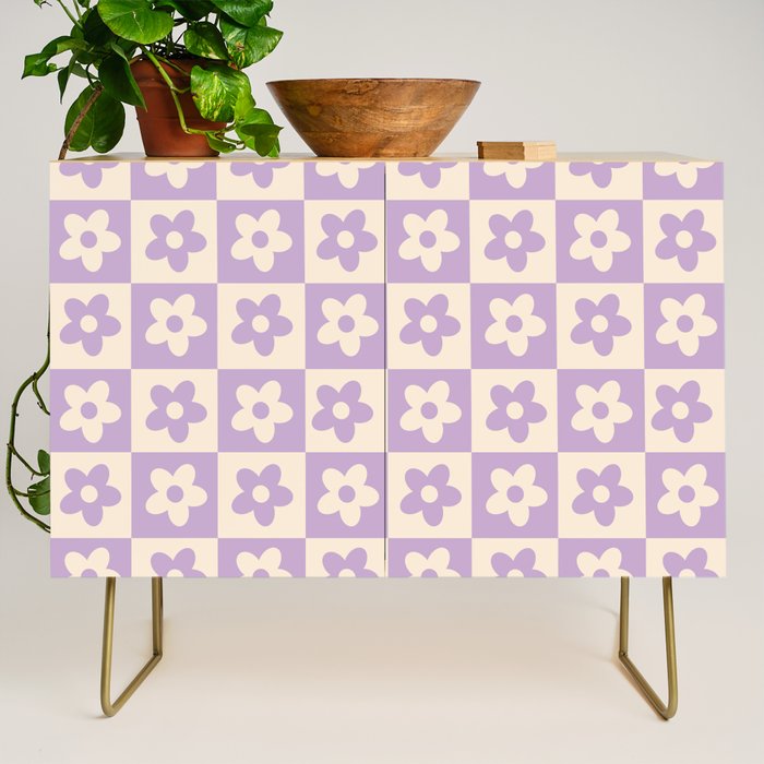 90s flowers checkers cream and lilac Credenza