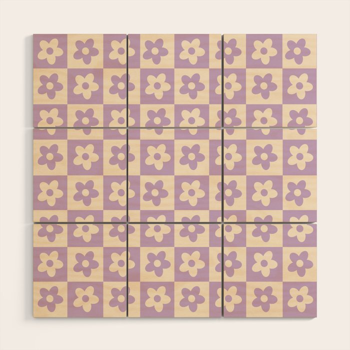 90s flowers checkers cream and lilac Wood Wall Art