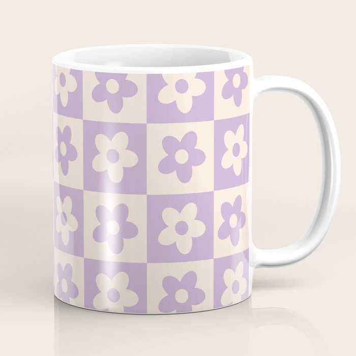90s flowers checkers cream and lilac Coffee Mug