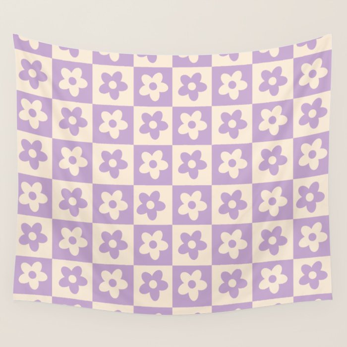 90s flowers checkers cream and lilac Wall Tapestry