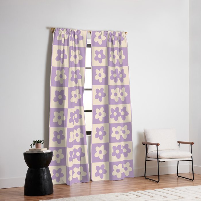 90s flowers checkers cream and lilac Window Curtain