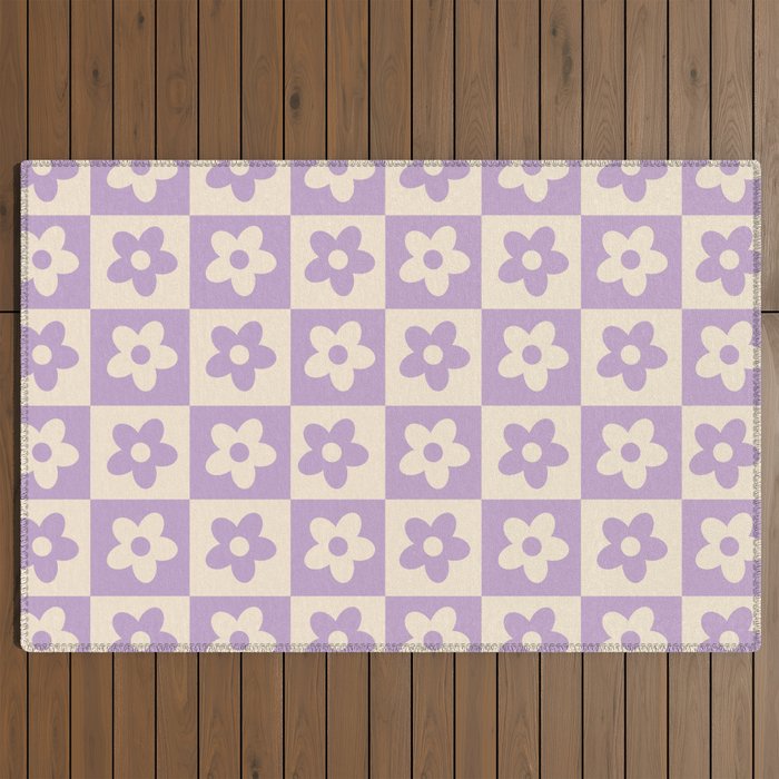 90s flowers checkers cream and lilac Outdoor Rug