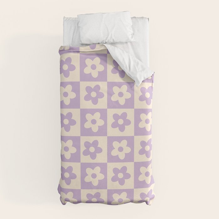90s flowers checkers cream and lilac Duvet Cover