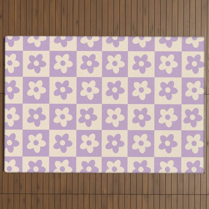 90s flowers checkers cream and lilac Outdoor Rug