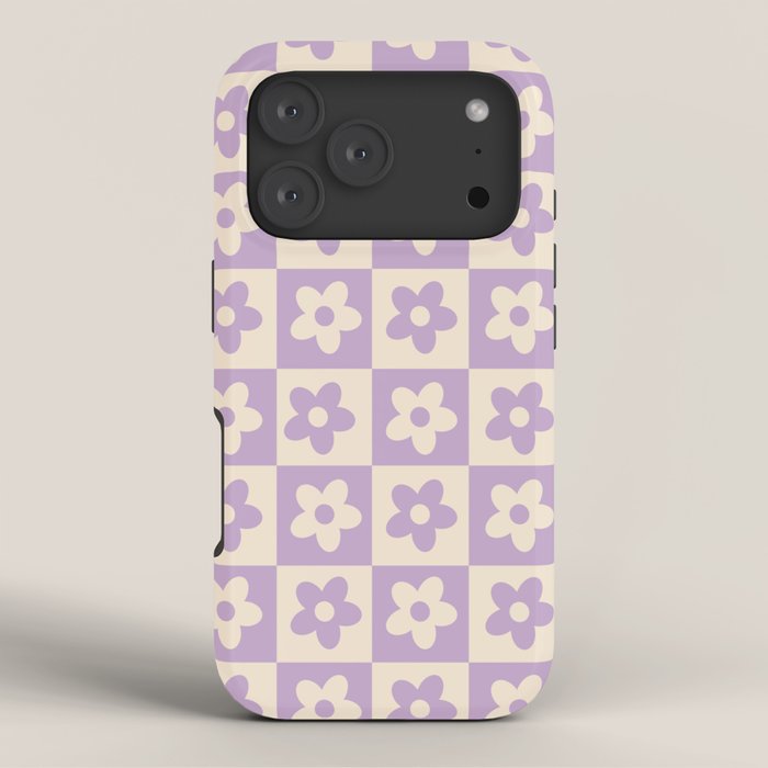 90s flowers checkers cream and lilac iPhone Case