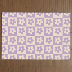 90s flowers checkers cream and lilac Outdoor Rug