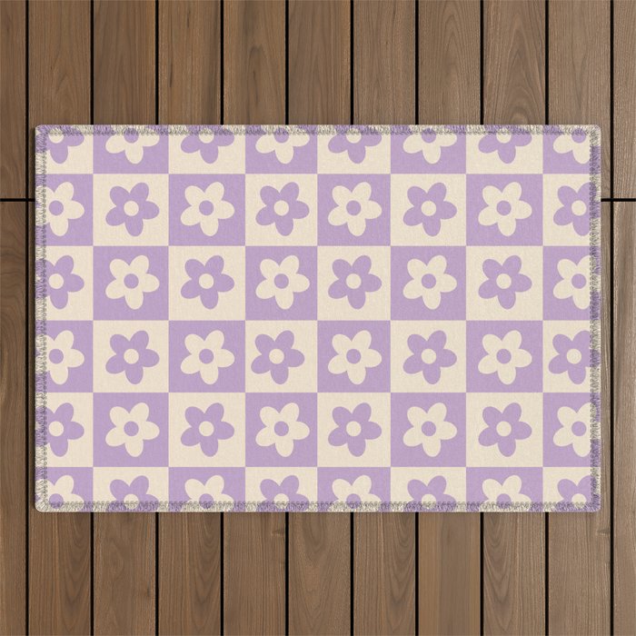 90s flowers checkers cream and lilac Outdoor Rug