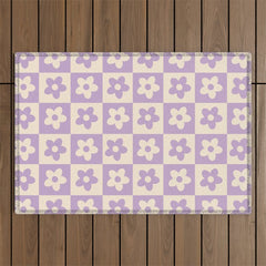 90s flowers checkers cream and lilac Outdoor Rug